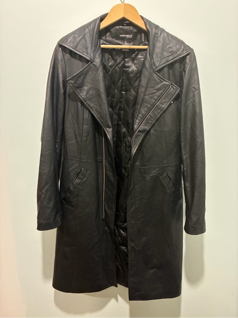 Kenvelo Women’s Black Leather Trench  Maxi Coat Medium